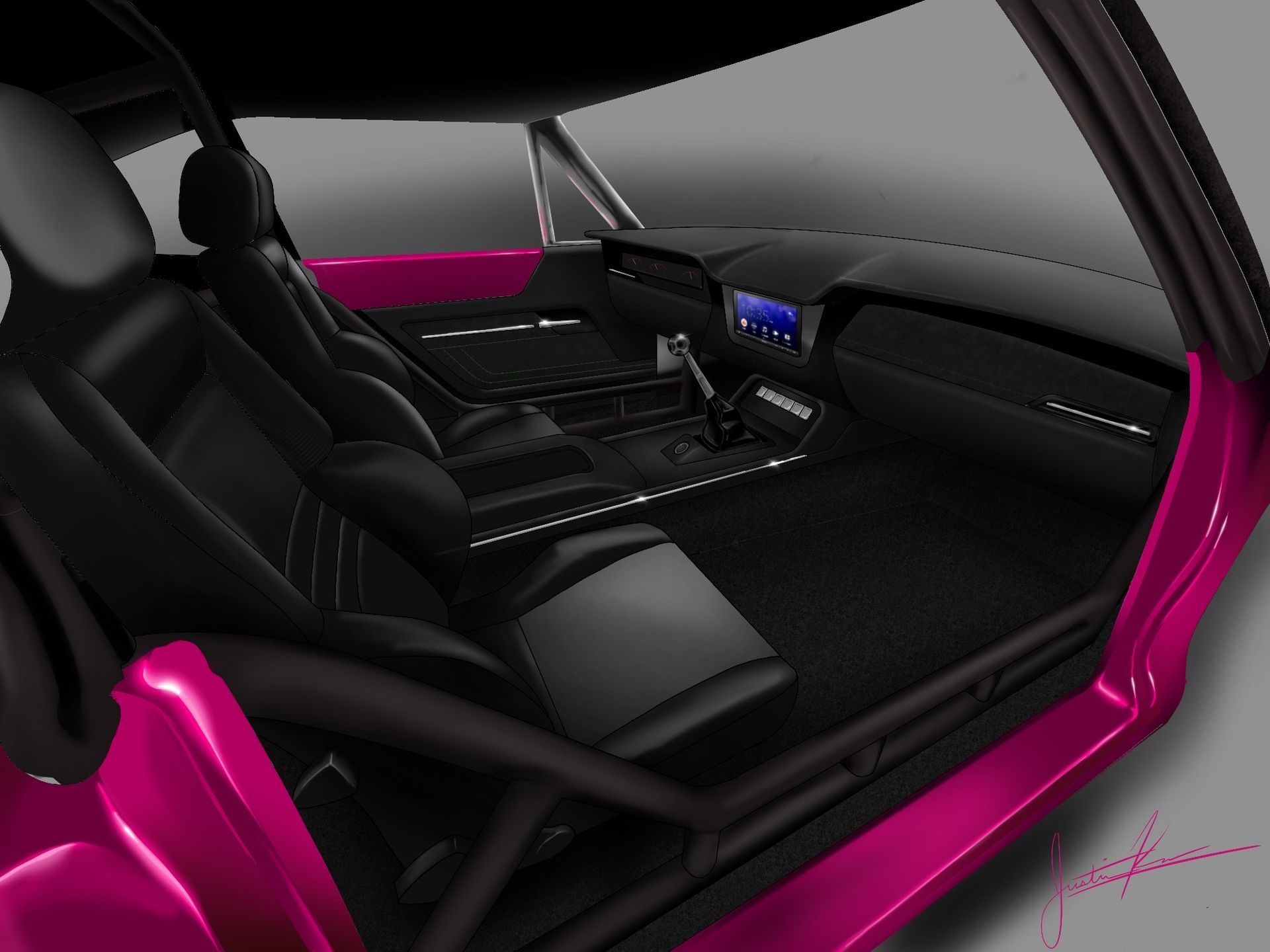 A drawing of the interior of a pink car