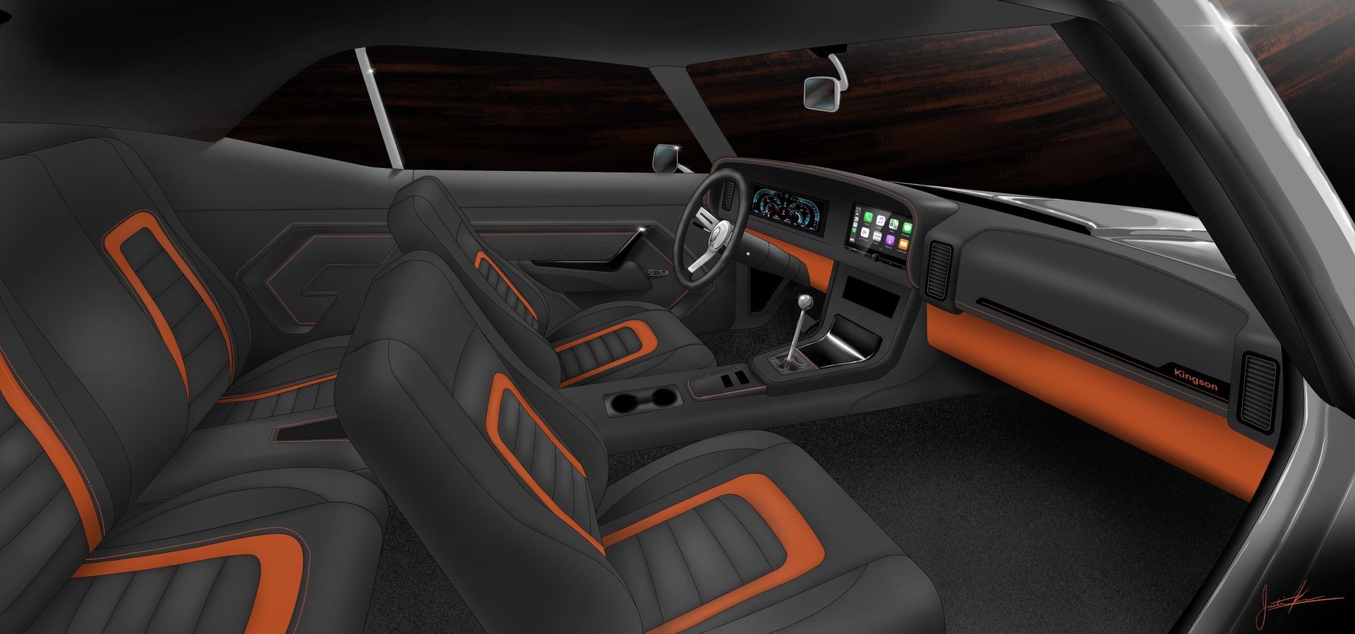 The interior of a car with black and orange seats and a wooden dashboard.