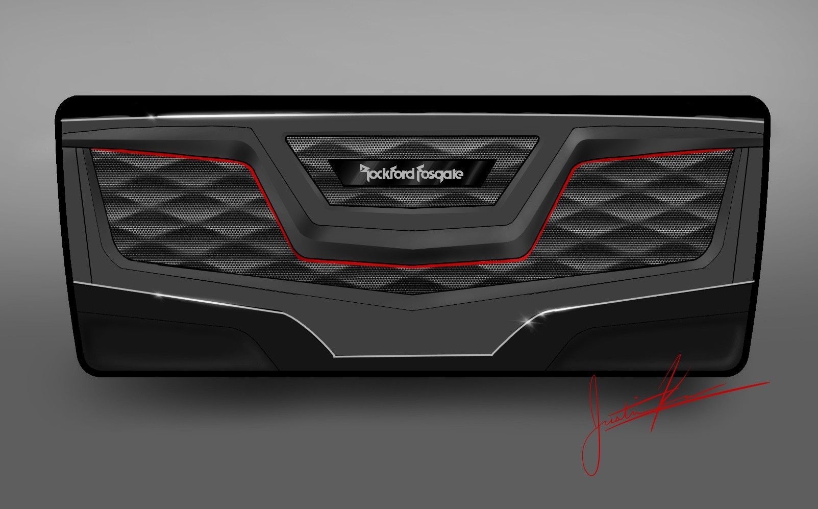 A drawing of a rockford fosgate subwoofer on a gray background.