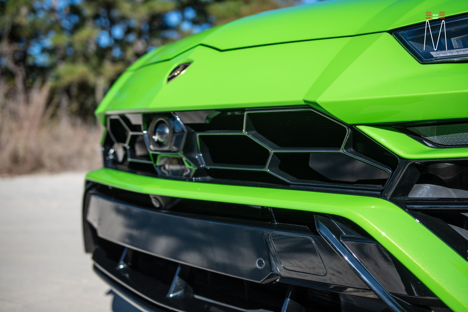 A close up of the front grille of a green lamborghini aventador.