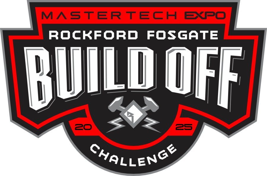 The logo for the mastertech expo rockford fosgate build off challenge