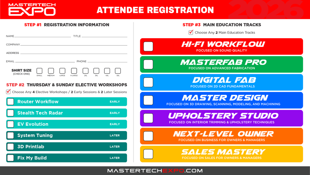 Attendee registration form for the Mastertech Expo. Features workshop selections and a list of available sessions.