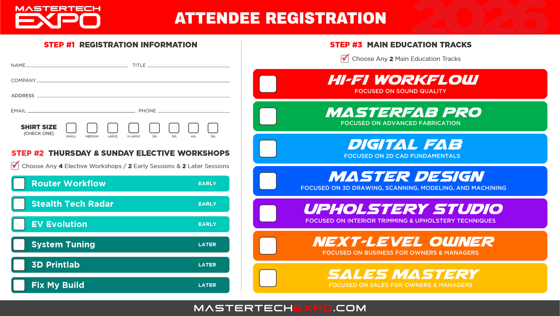 Attendee registration form for the Mastertech Expo. Features workshop selections and a list of available sessions.