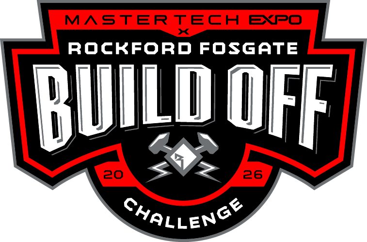 The logo for the mastertech expo rockford fosgate build off challenge