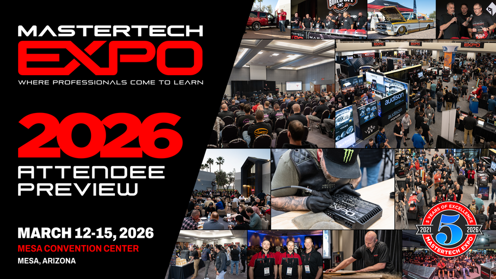 Mastertech Expo 2026 attendee preview. Event dates: March 12-15, 2026, at the Mesa Convention Center, Mesa, Arizona. Features crowds and product displays.
