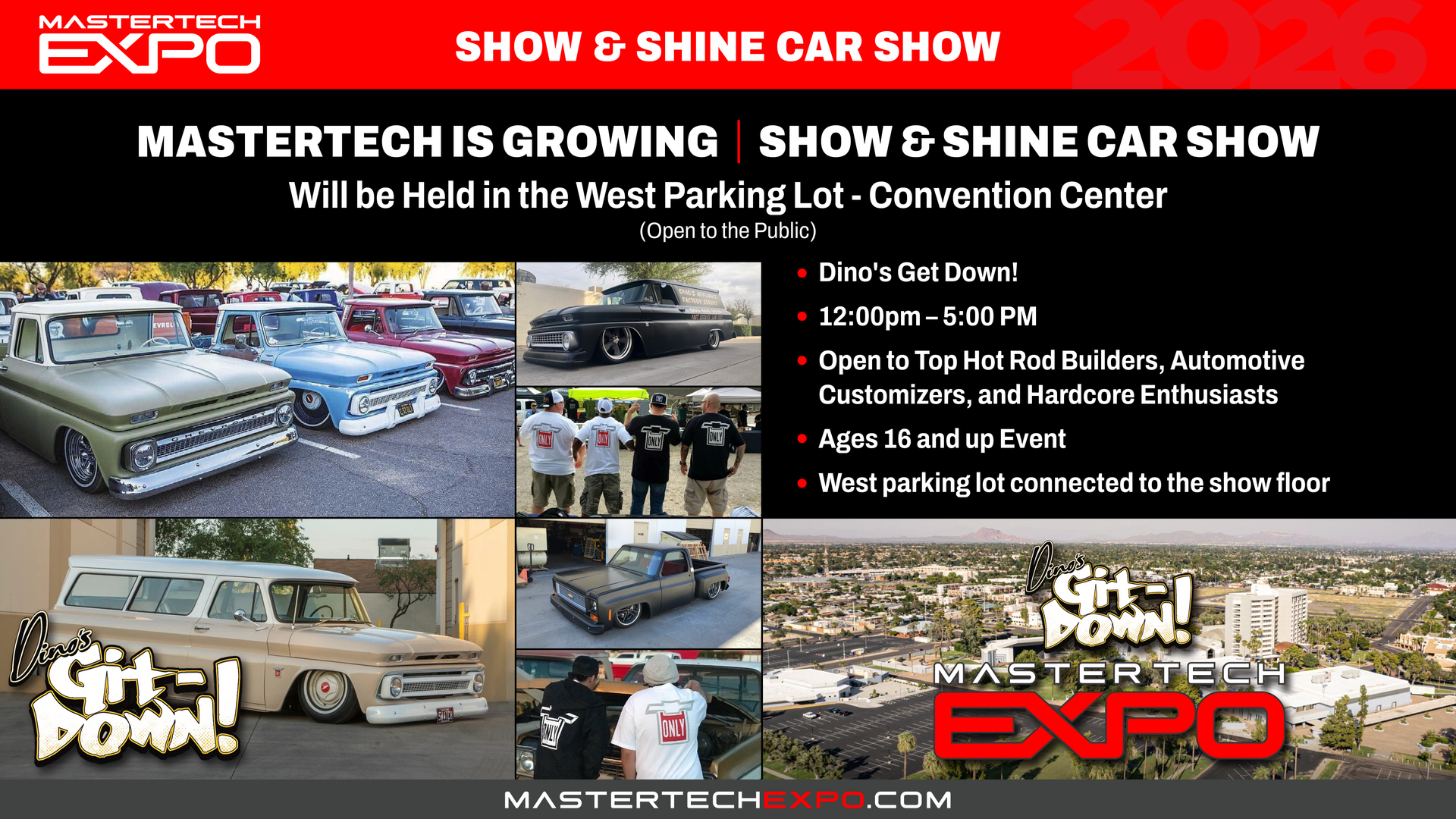 Car show expo featuring classic trucks and vehicles, held in a parking lot. Text says 