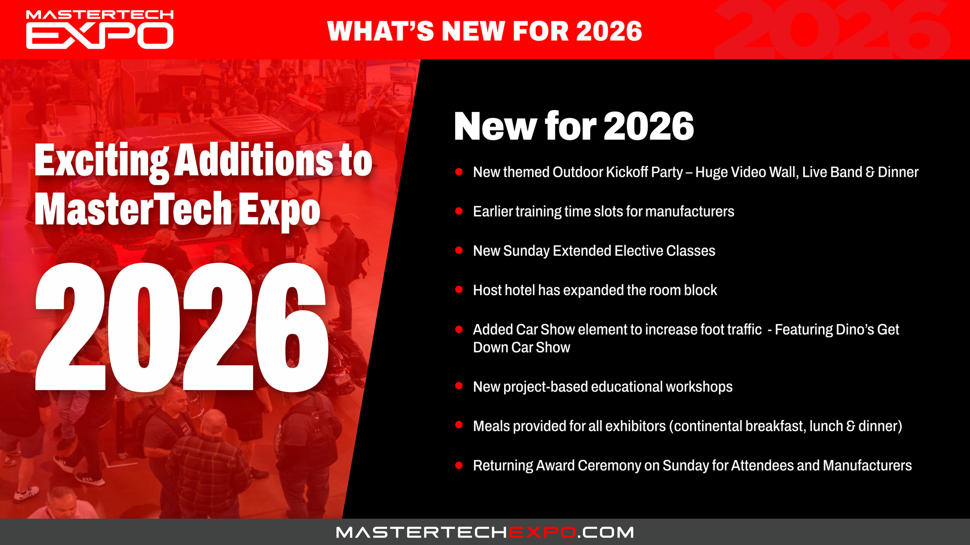 Graphic announcing additions to MasterTech Expo 2026. Text on a red and black background lists new features for the event.