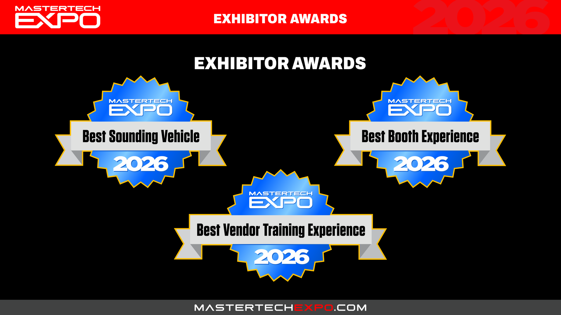 Three award badges from the MasterTech Expo, featuring 