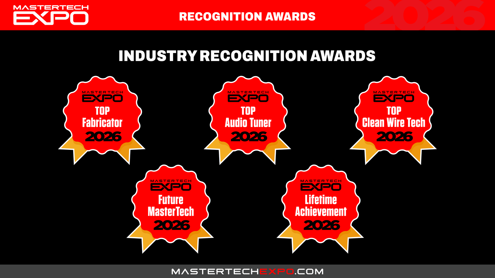 Five red award badges on a black background; they read MasterTech Expo and different awards for 2026.