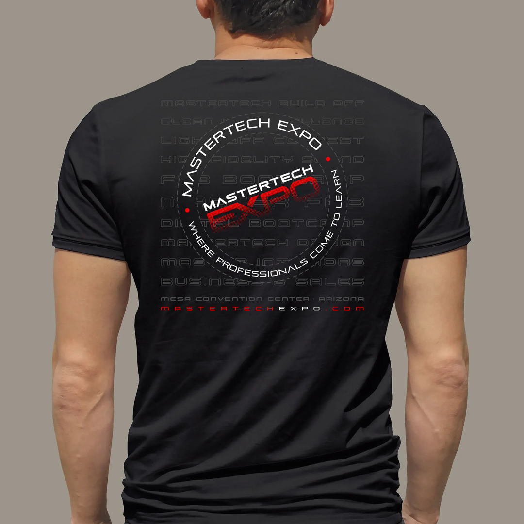 Man wearing a black t-shirt with 