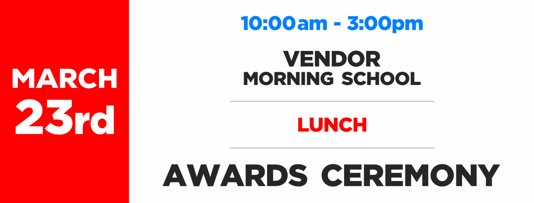 A red and white sign that says march 23rd vendor morning school lunch awards ceremony