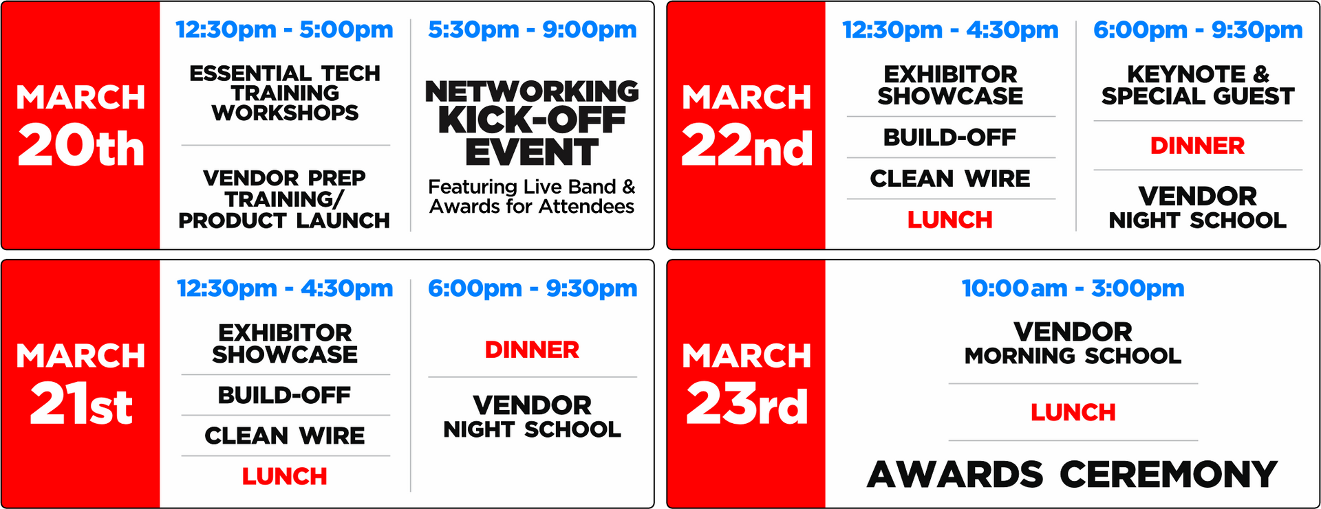 A schedule of events for march 20th march 22nd and march 23rd