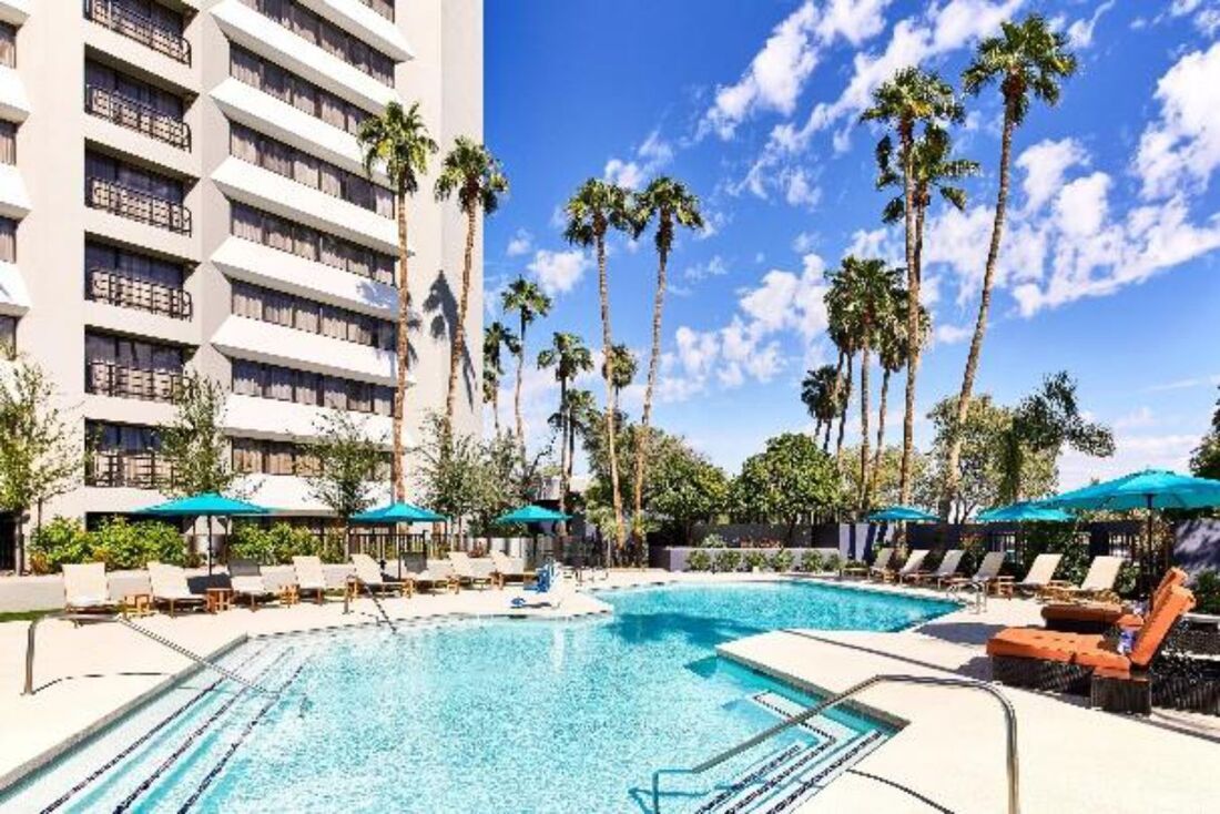 Poolside view: blue pool with lounge chairs, umbrellas, palm trees, and tall hotel building.