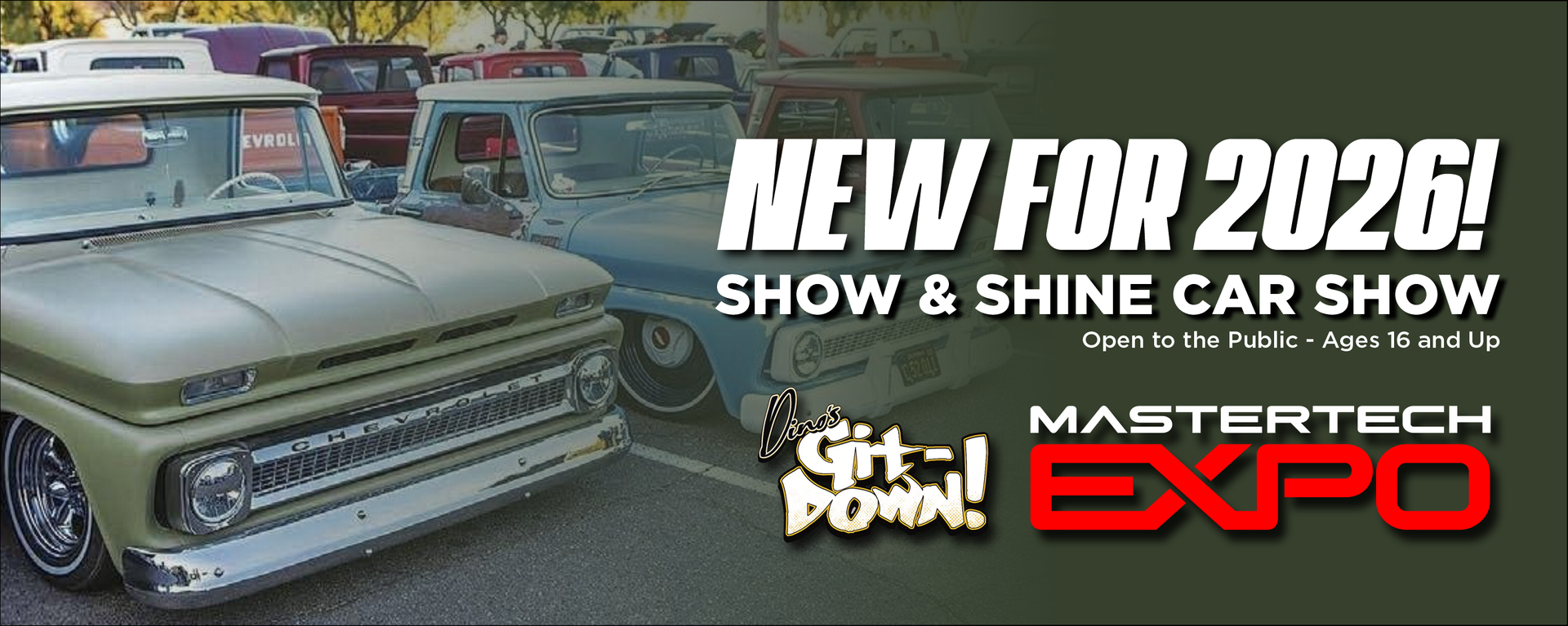 Car show advertisement with classic trucks, text reads 