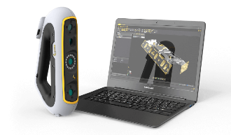 A handheld 3D scanner next to a laptop displaying a 3D model of a satellite. The scanner is white and yellow.