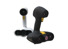 Two handheld 3D scanners, white and black, with multiple lenses.