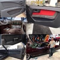 A collage of photos of a man standing next to a car.