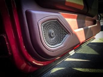 A close up of a car door with a speaker in it.