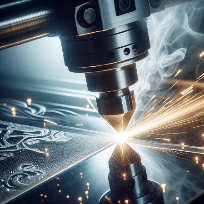 A machine is cutting a piece of metal with smoke coming out of it.