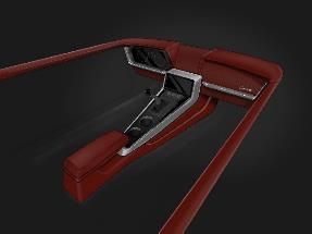 Red car interior, dashboard with chrome accents, center console.