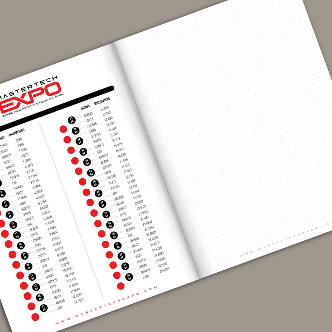 Brochure for Mastertech Expo, black background with red text and car detail.