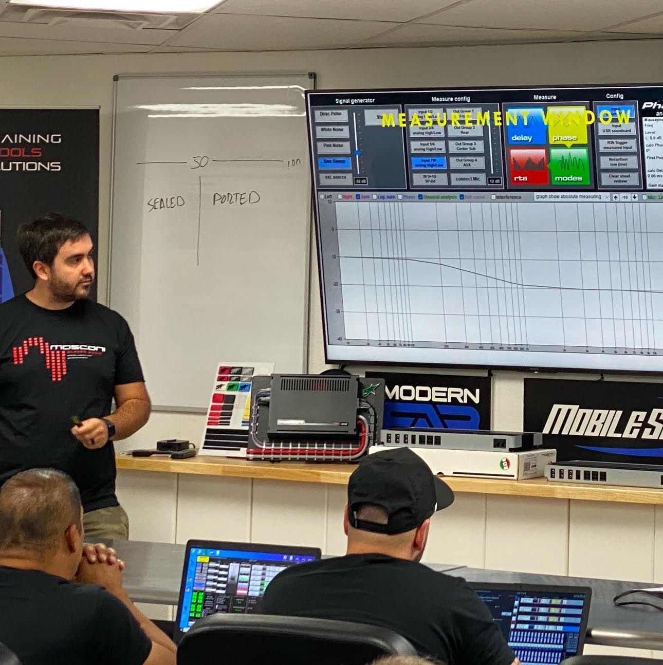 A man is giving a presentation in front of a screen that says modern