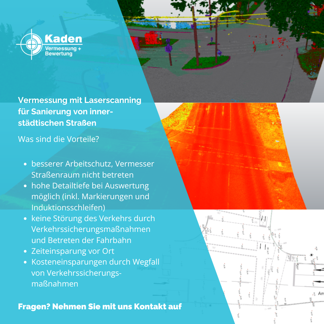 Anzeige für Kaden Vermessung, die Laserscanning für die innerstädtische Straßensanierung vorstellt. Enthält Text und ein 3D-Rendering.