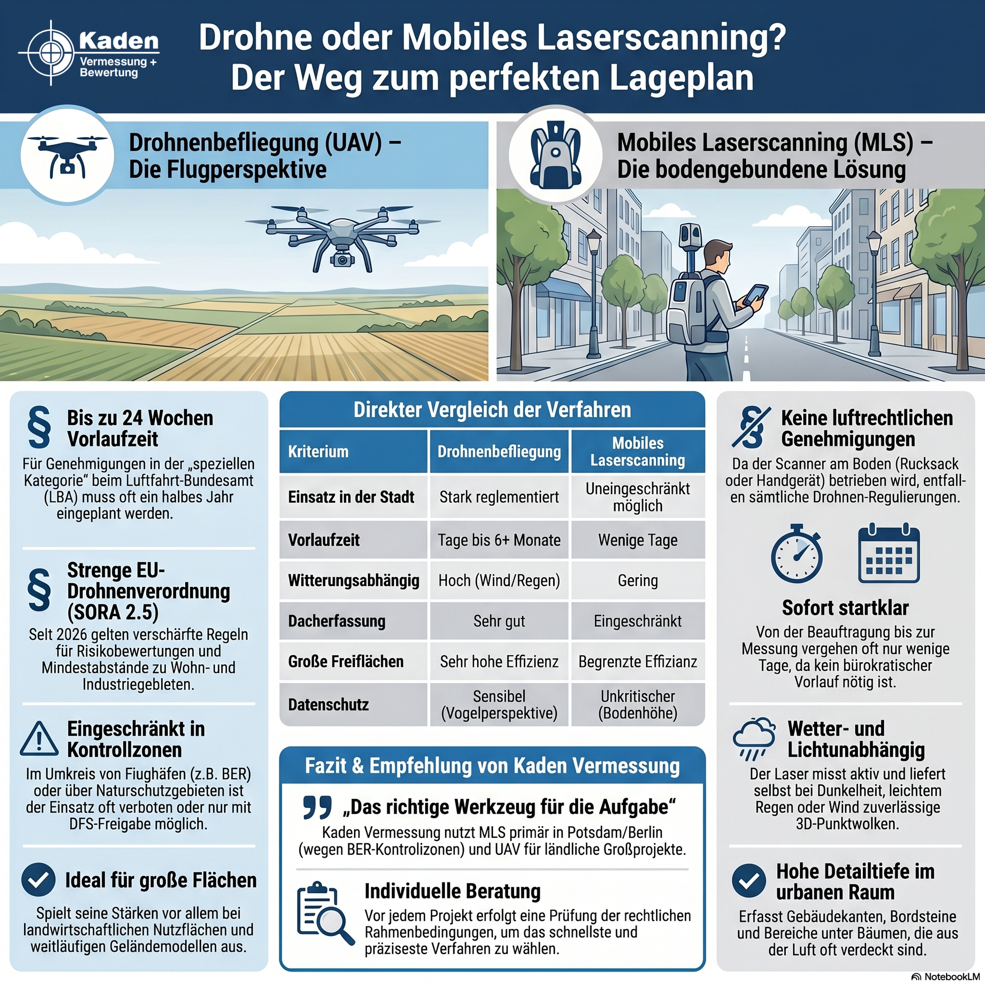 Infografik zu Drohnenflug und mobilem Laserscanning, mit Vergleichstabelle, Icons und Kostenhinweisen in Blau/Grau