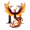 a phoenix is flying over the letter H on a white background .