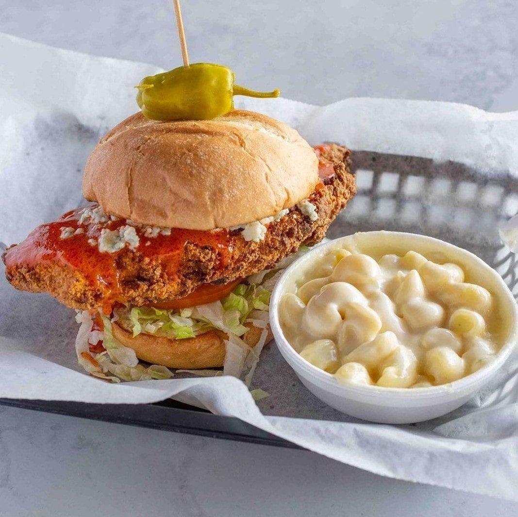 Buffalo fried chicken sandwich with mac and cheese