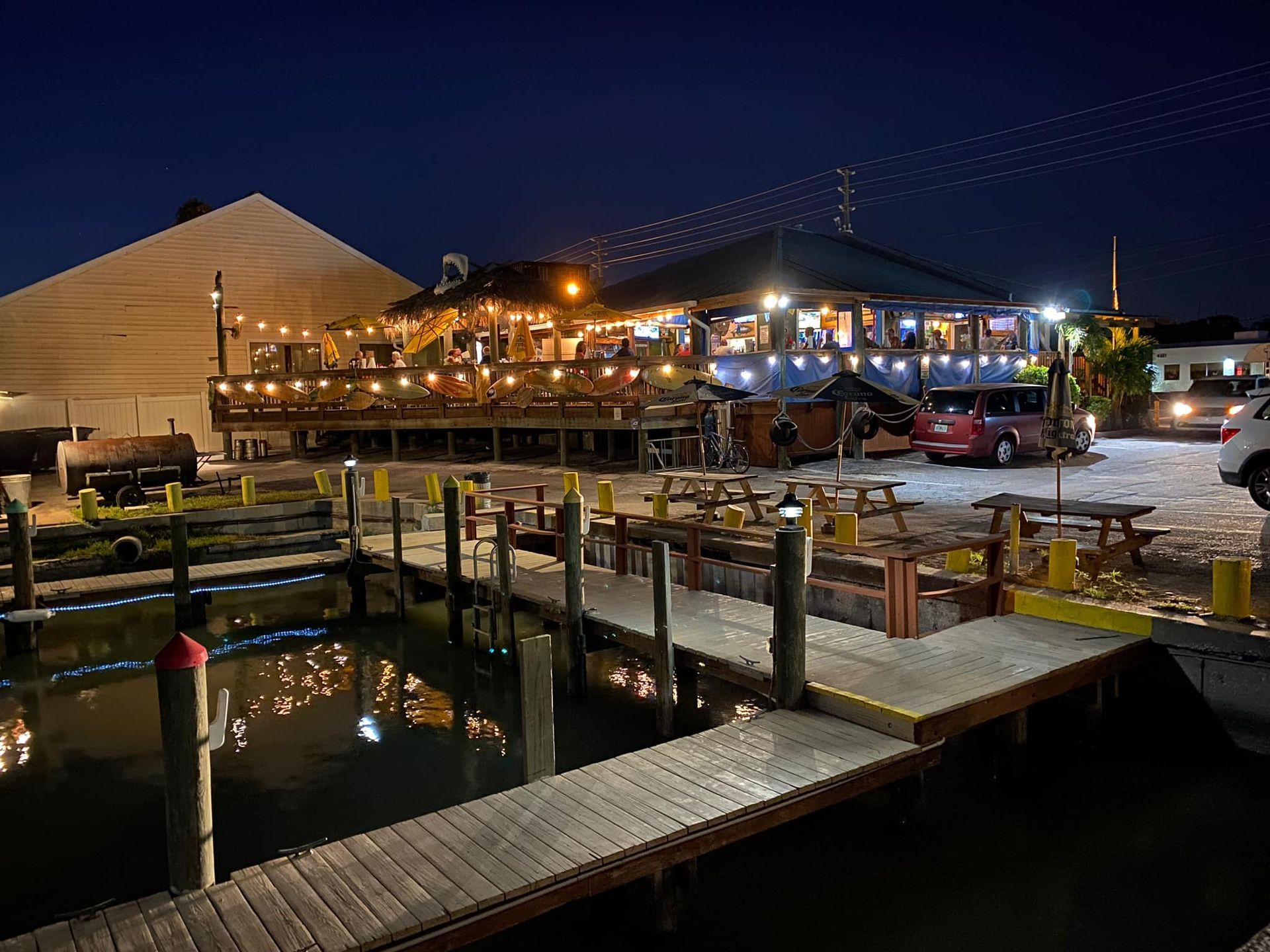 exterior at night from boat dock