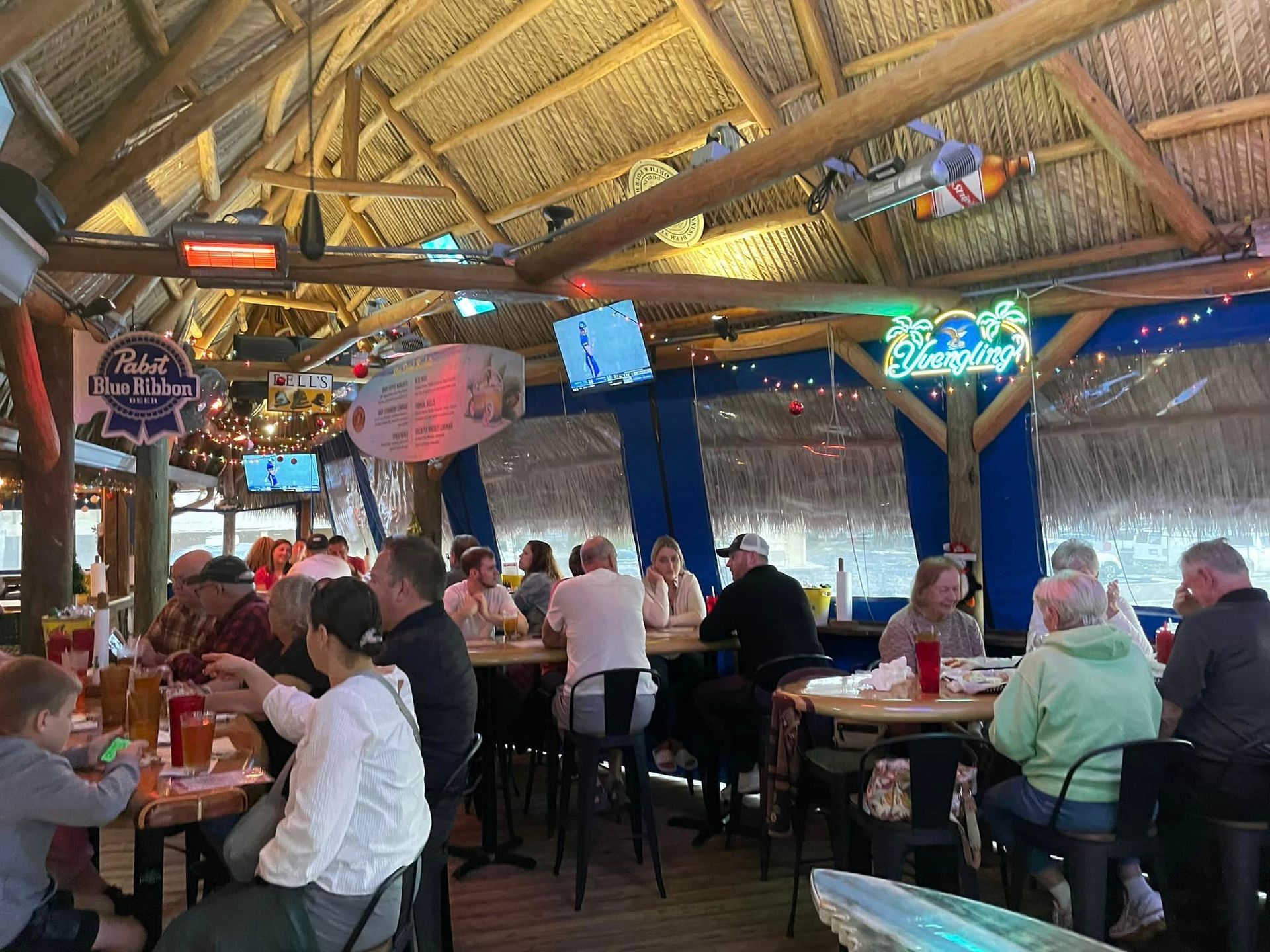 picture of patio during winter with heaters