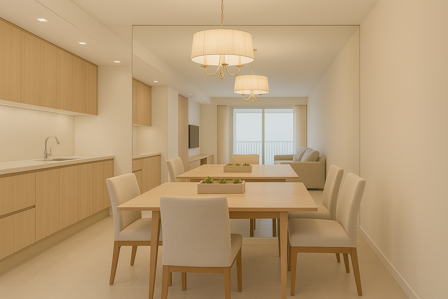 sala de jantar com espelho grande para ampliar o espaço de cômodo pequeno