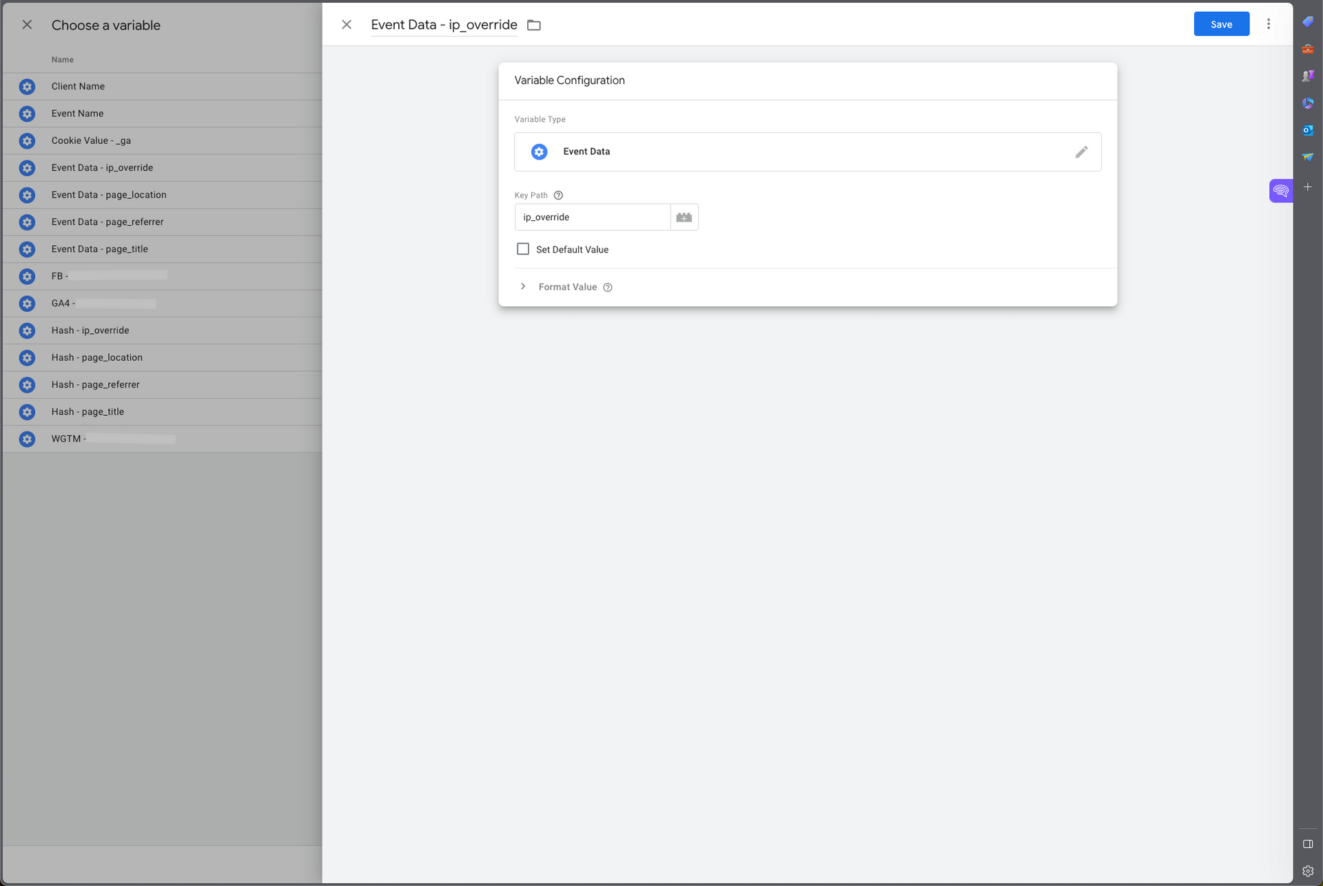 Screenshot of Google Tag Manager showing an event data variable for the sha256 variable.