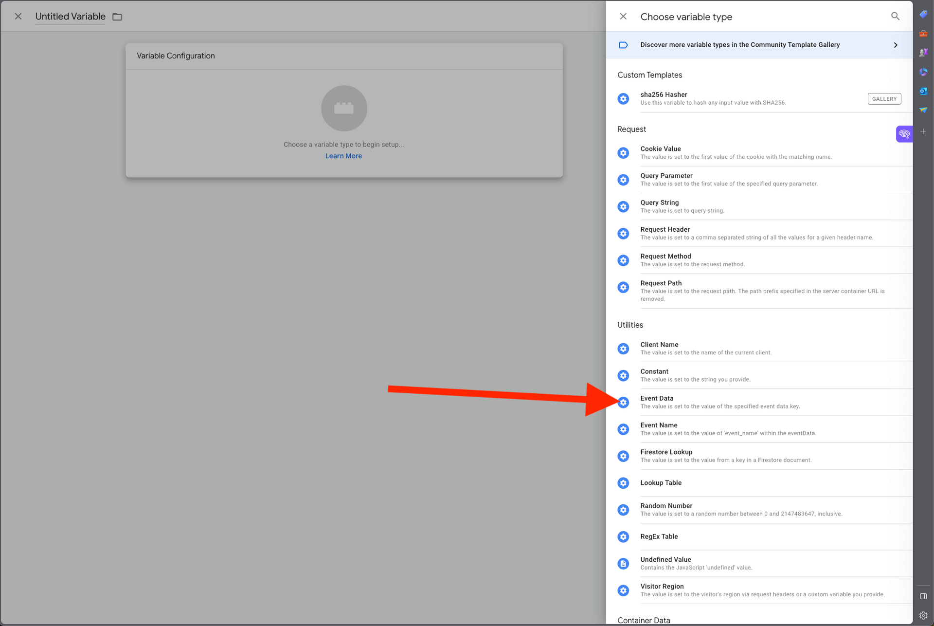Screenshot of Google Tag Manager showing an event data variable for HIPAA compliance.
