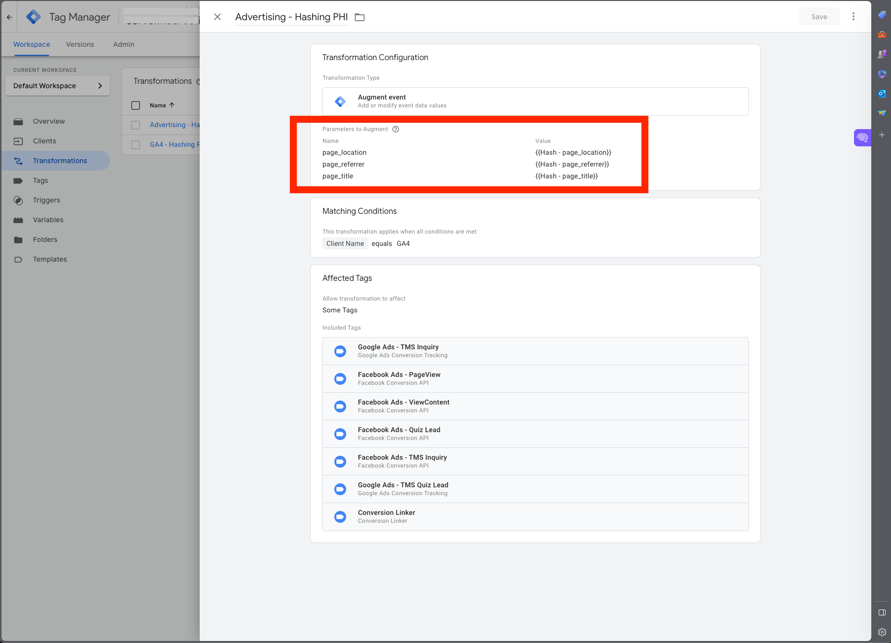 Screenshot of Google Tag Manager showing the augmented event transformation for HIPAA-compliant advertising.