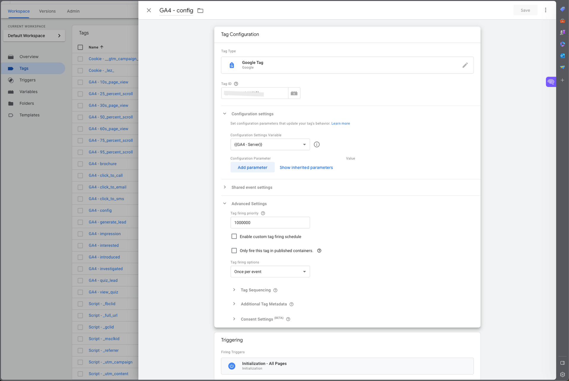Screenshot of Google Tag Manager showing the GA4 configuration tag.