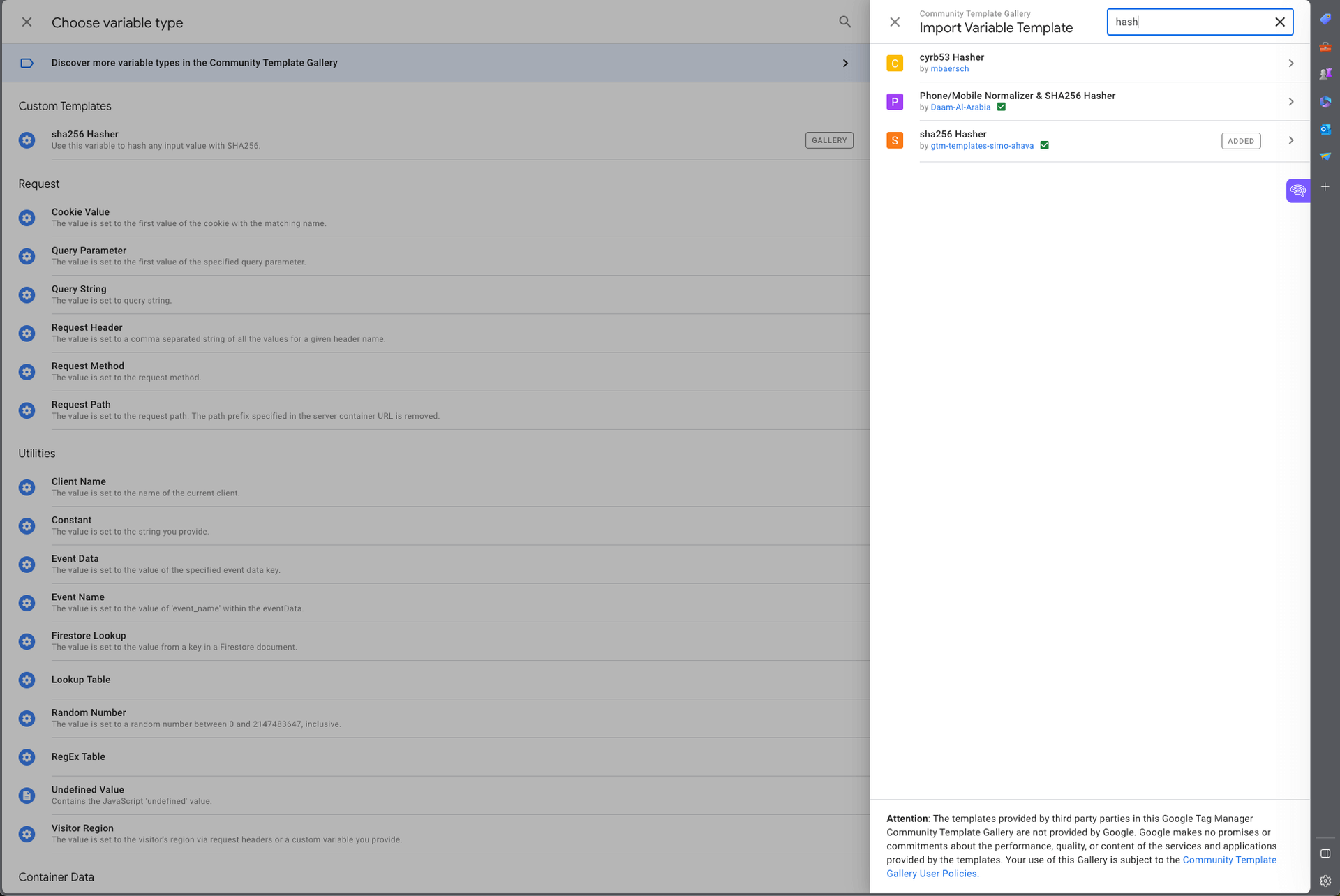 Screenshot of Google Tag Manager showing the hashing variable for HIPAA compliance.