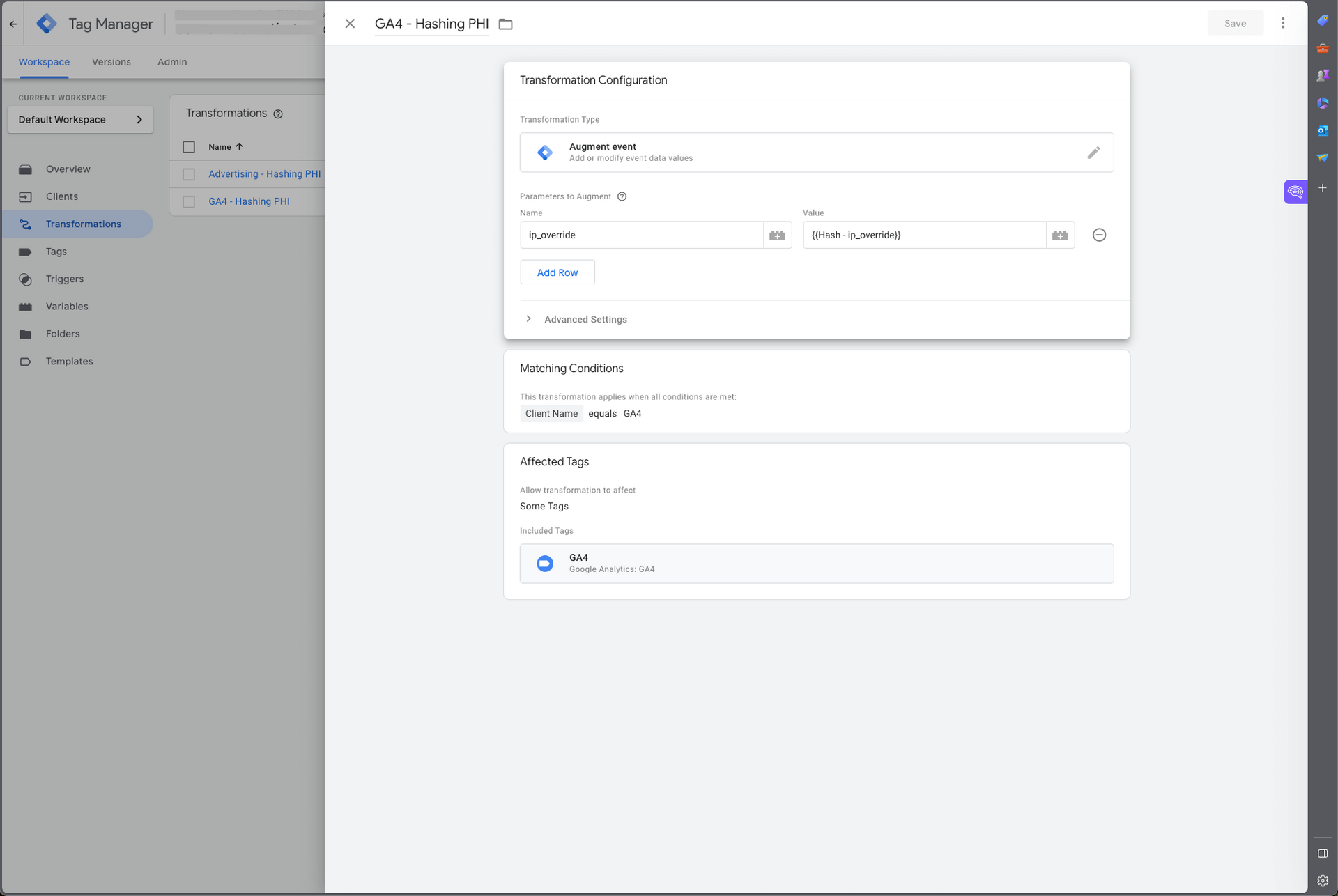 Screenshot of Google Tag Manager showing a transformation hashing PHI for HIPAA compliance.