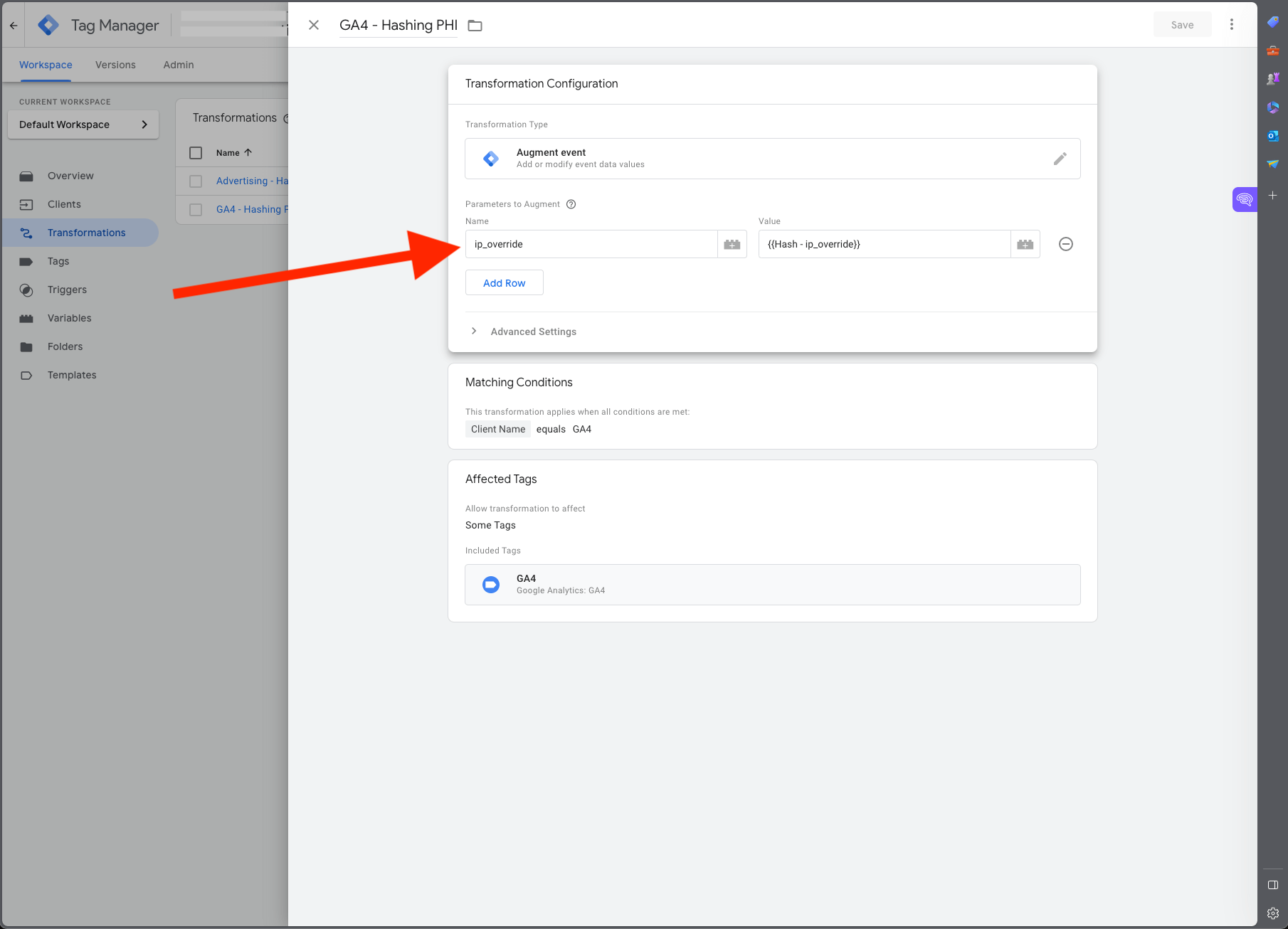 Screenshot of Google Tag Manager showing the augmented event transformation for HIPAA compliance.