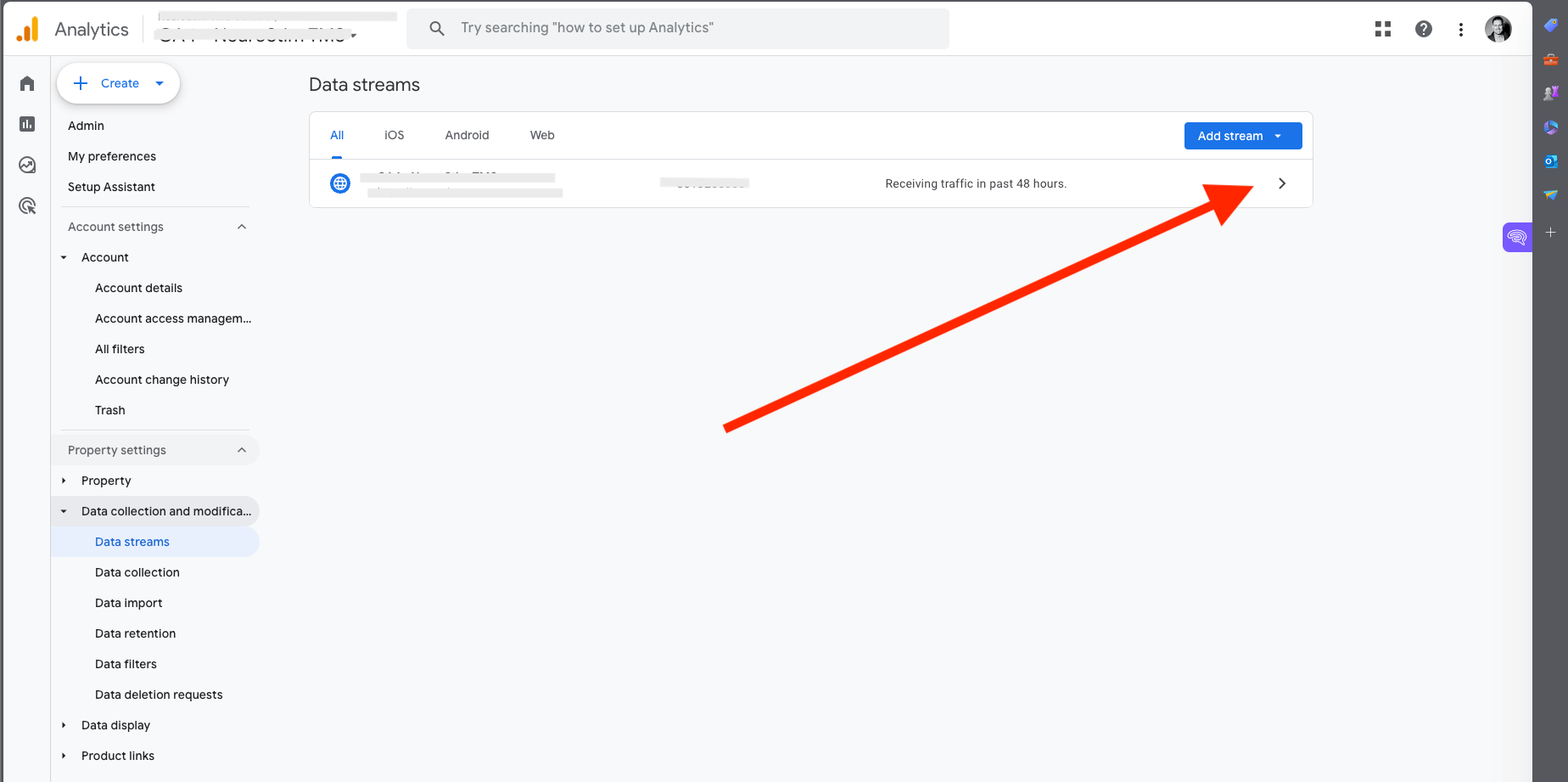 Screenshot of Google Analytics showing how to add Data streams details.