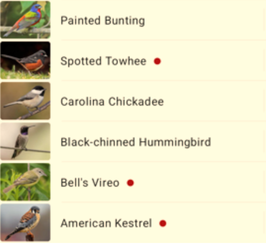 List of bird species with photos and indicator dots.