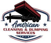 American Cleaning & Dumping Services logo featuring a black and red dump trailer, blue and red accents, and text.