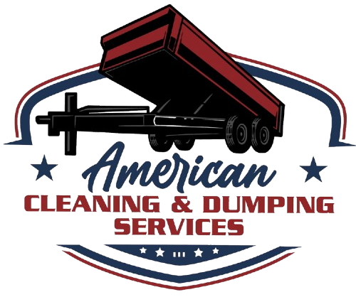 American Cleaning & Dumping Services logo featuring a black and red dump trailer, blue and red accents, and text.
