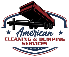 American Cleaning & Dumping Services logo: red dump trailer, blue and white design, stars and text.