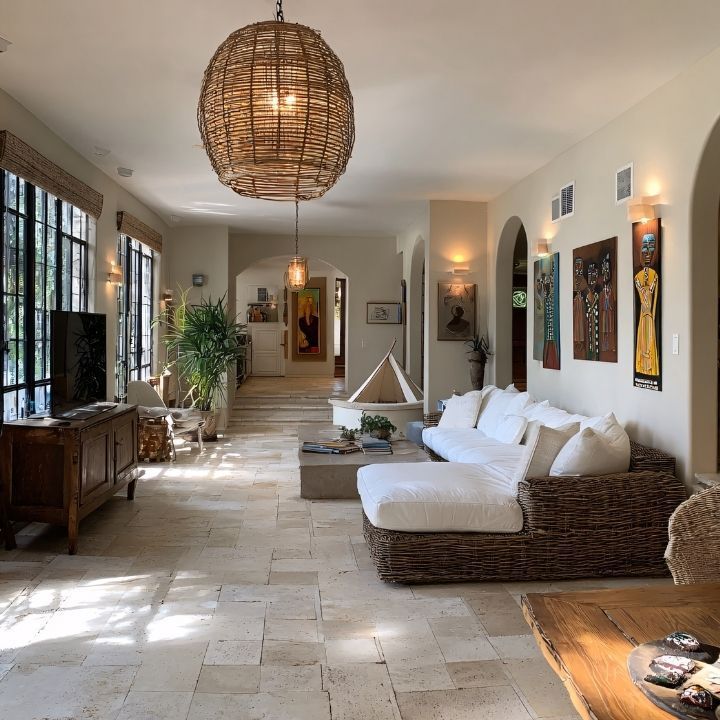 Bright living room with wicker furniture, large pendant light, artwork, and arched doorways.