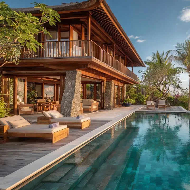 Wooden luxury villa with pool and lounge chairs.