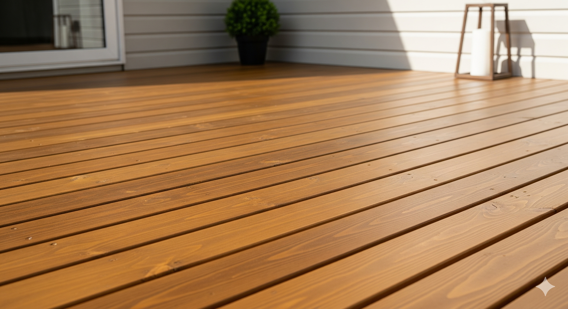 Wooden deck, stained brown, with sunlight and shadow, small stool and potted plant.