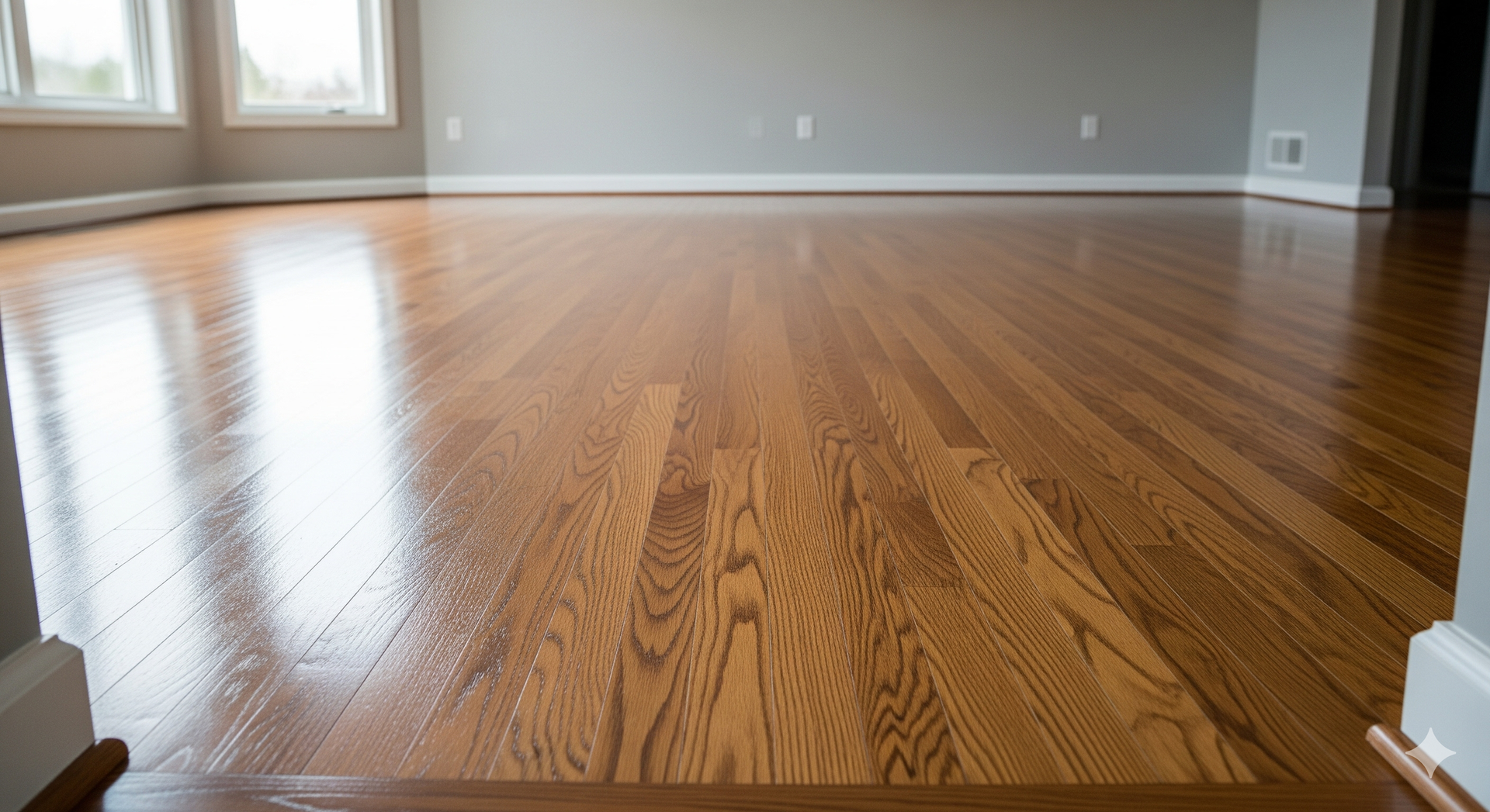 Close-up of shiny, polished wooden floor in an empty room with gray walls and windows.