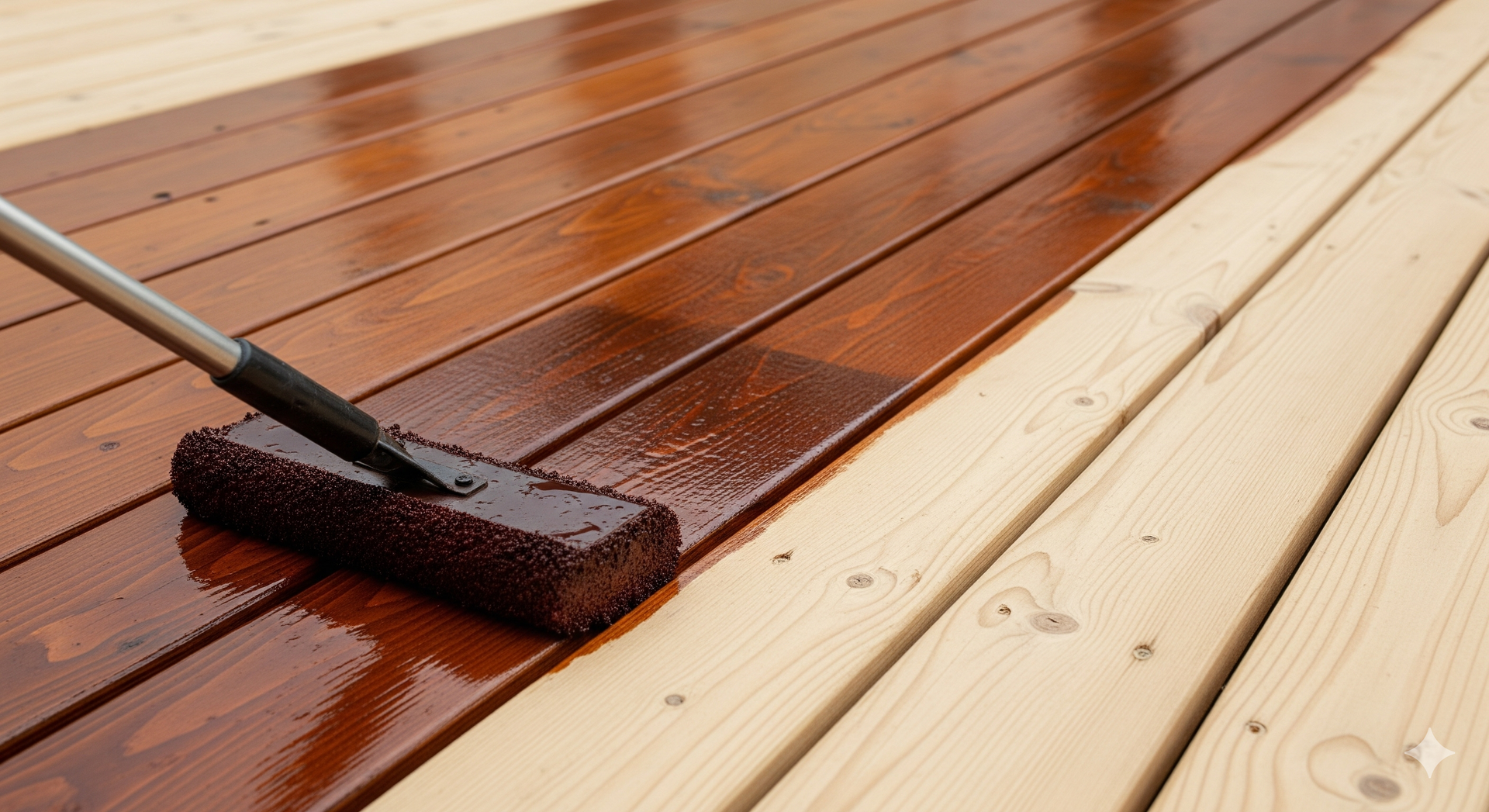 A person applying brown stain to a wooden deck with a long-handled roller.